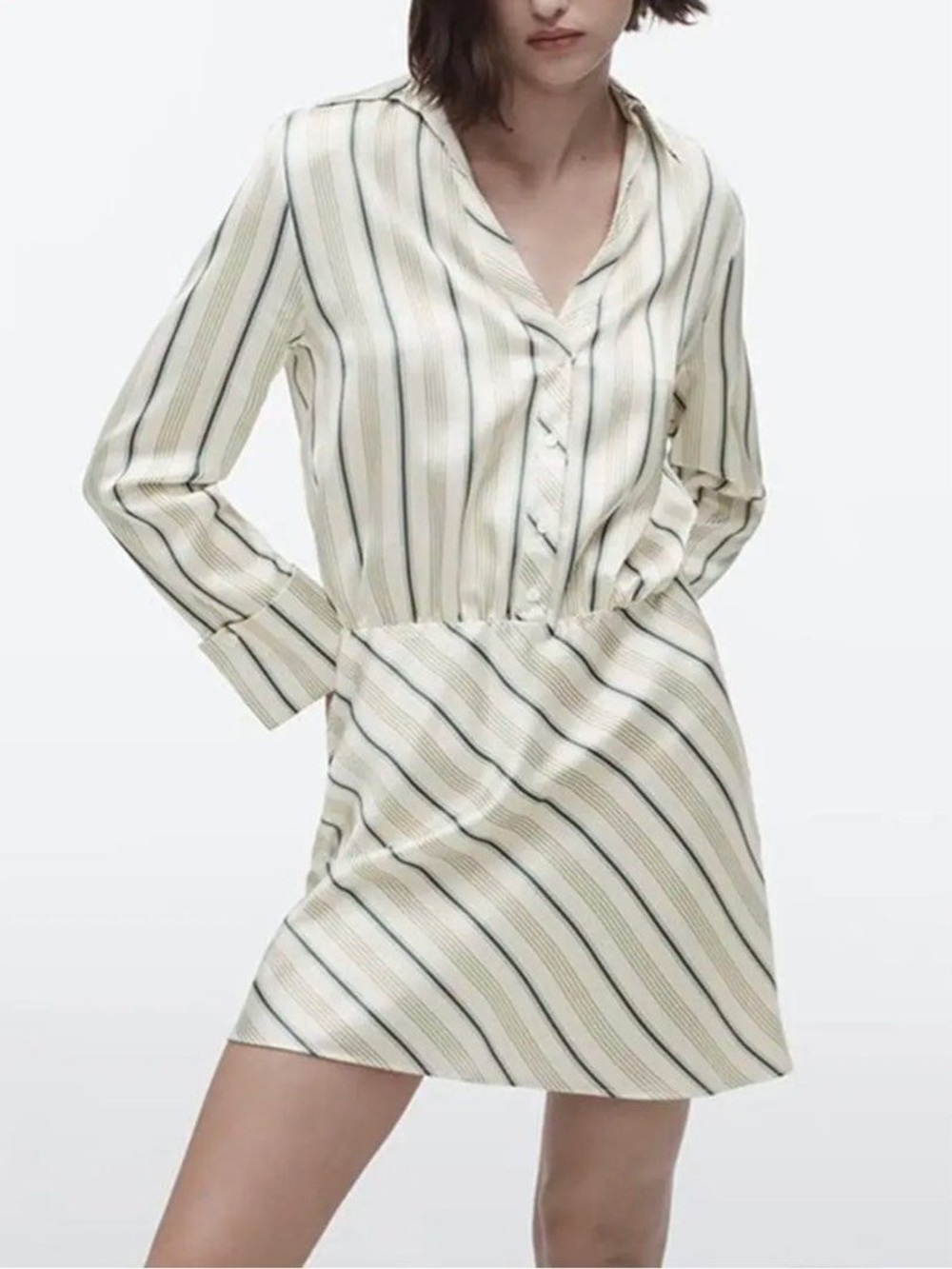 Zara Satin Stripe Shirt Dress Tie Neck Mini Ecru Green Long Sleeve Size M